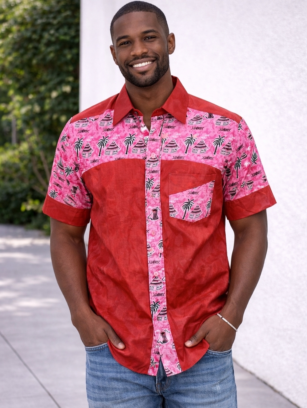 Medium African Ankara Wax Print Hawaiian Shirt for Men Dark Red Pink & Black